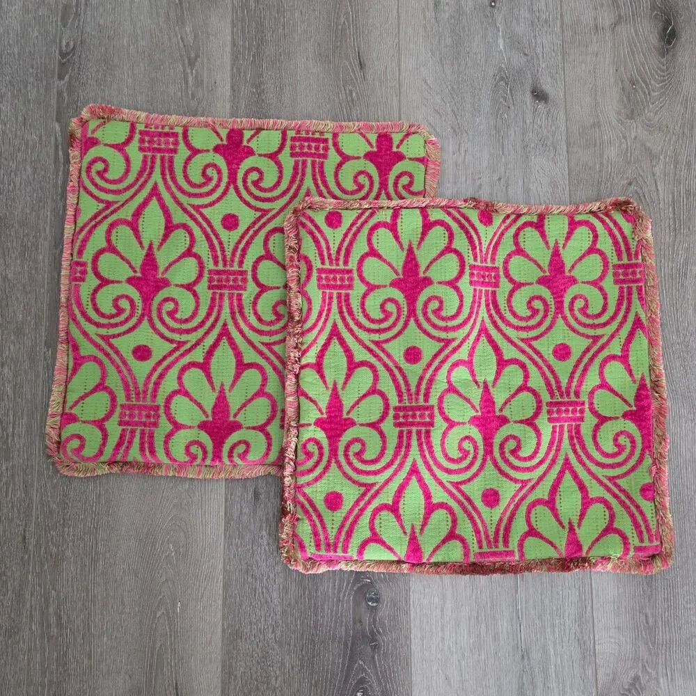 2 VTG 1970 MCM Damask Pillow Green & Pink Tapestry Boho Retro Pillow case covers